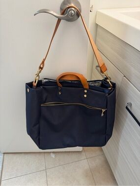 Boulevard Lined Navy Tote with Tan Leather Handles NWOT